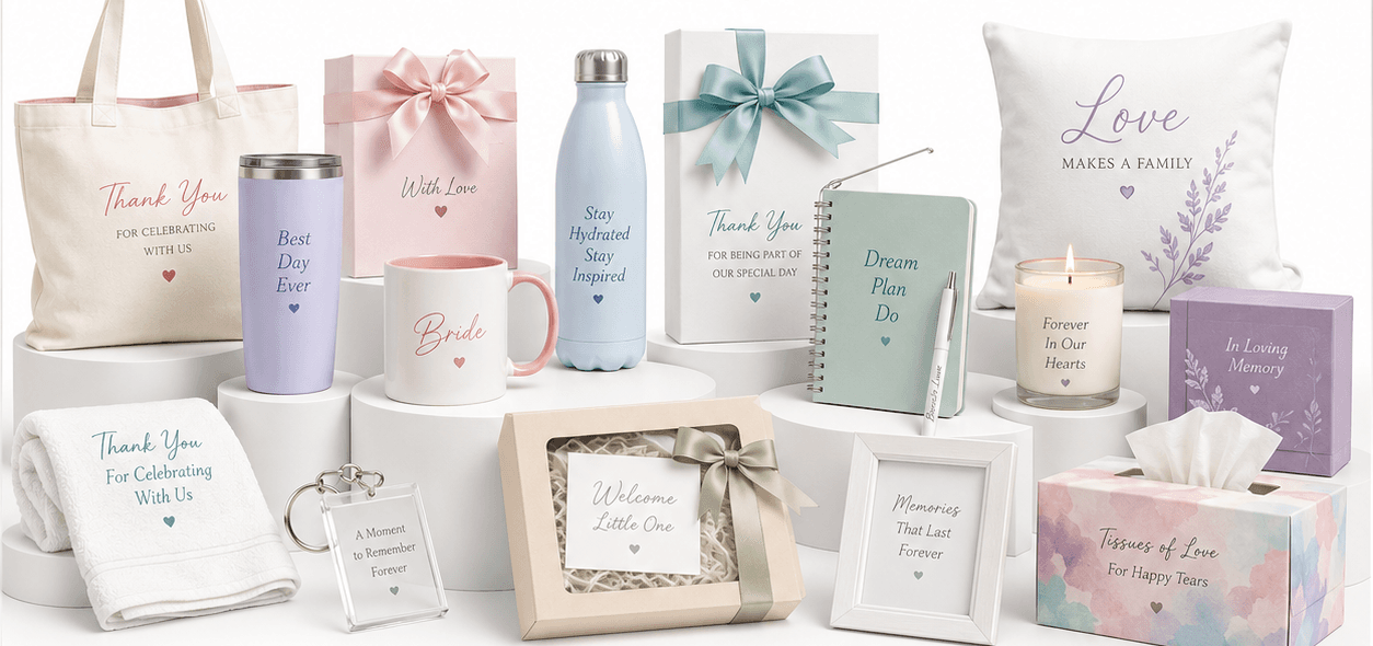 Becca's Luxe custom souvenirs: tote bag, tumbler, mug, water bottle, gift boxes, journal, pillow, candle, keepsake box and tissue box